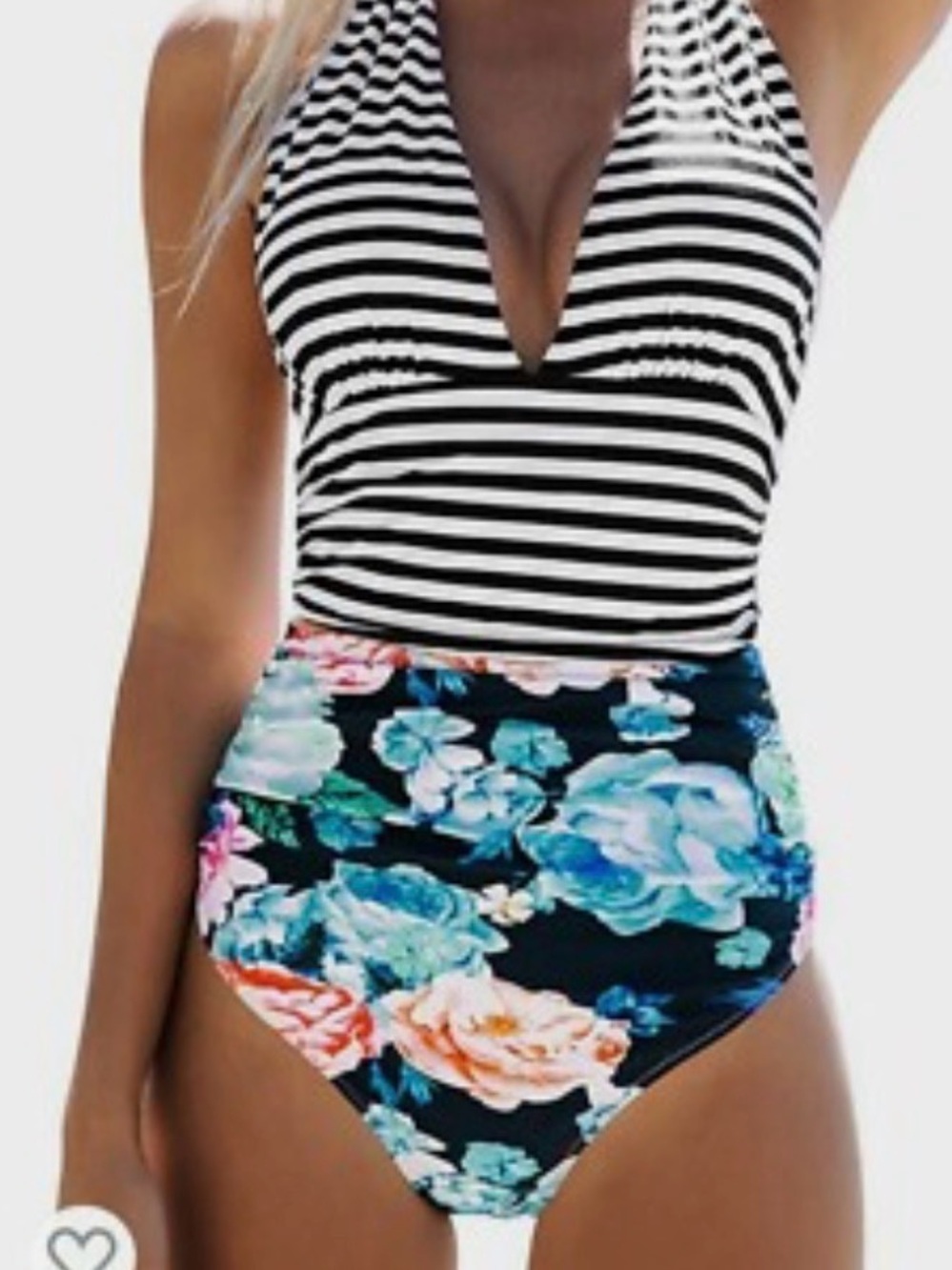 Cupshe Black & White Striped Top with Black Floral High-Waist One-Piece